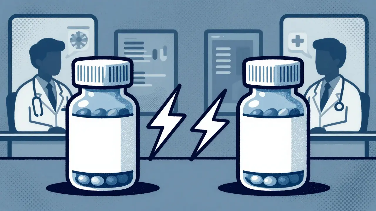 Two pill bottles with lightning bolts showing drug interaction risk