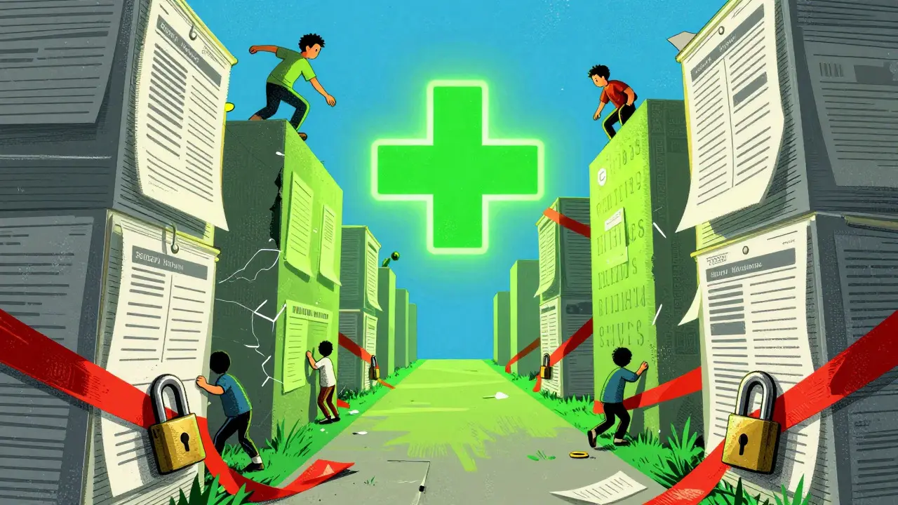 Abstract art showing bureaucratic walls and patents blocking access to essential medicines for patients.