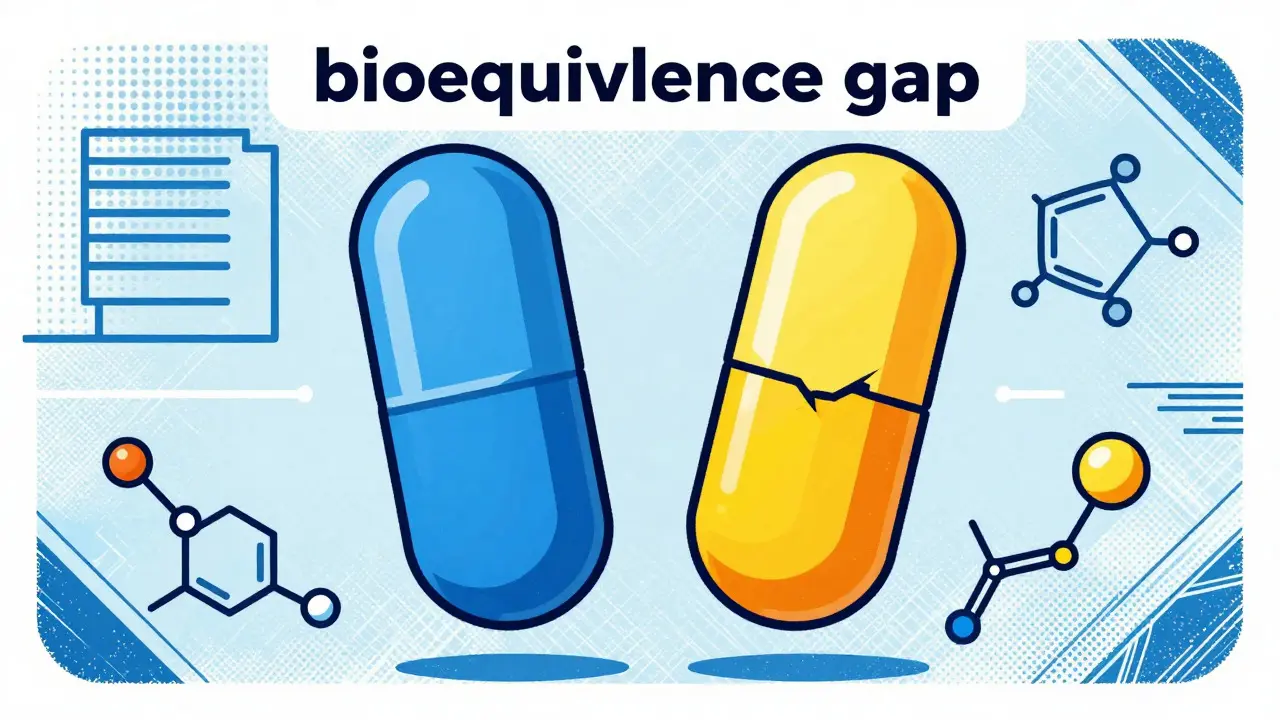 Abstract illustration of bioequivalence gaps between brand and generic pills
