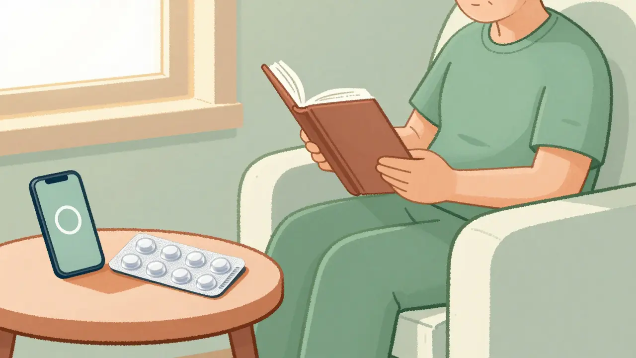 Calm senior taking meds from an organized blister pack at home