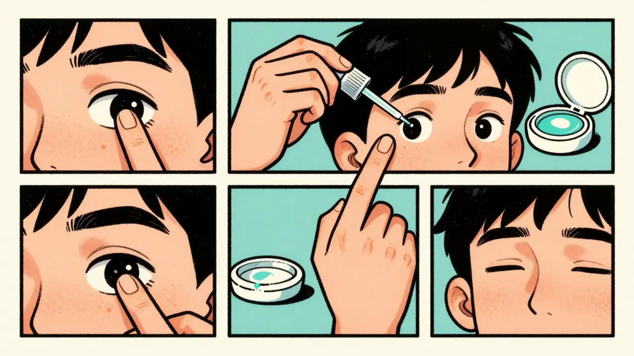 Character applying eye drops while pressing inner eye corner