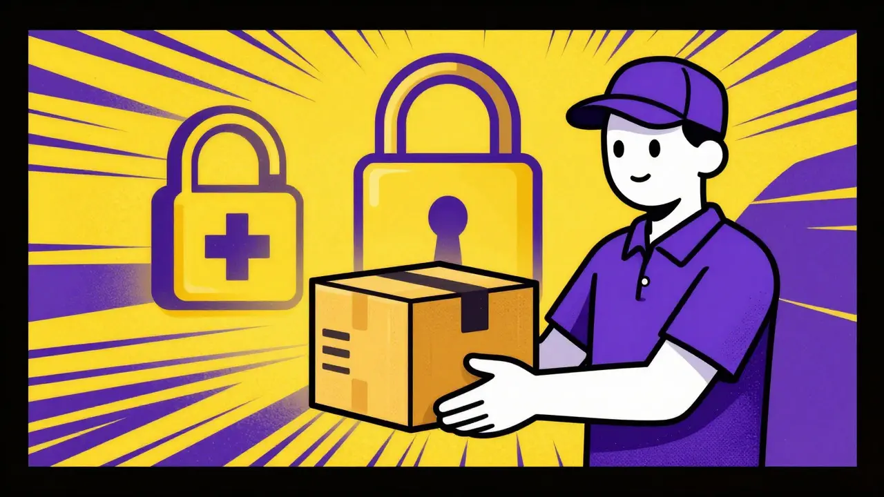 Courier delivering a secure package with a padlock symbol