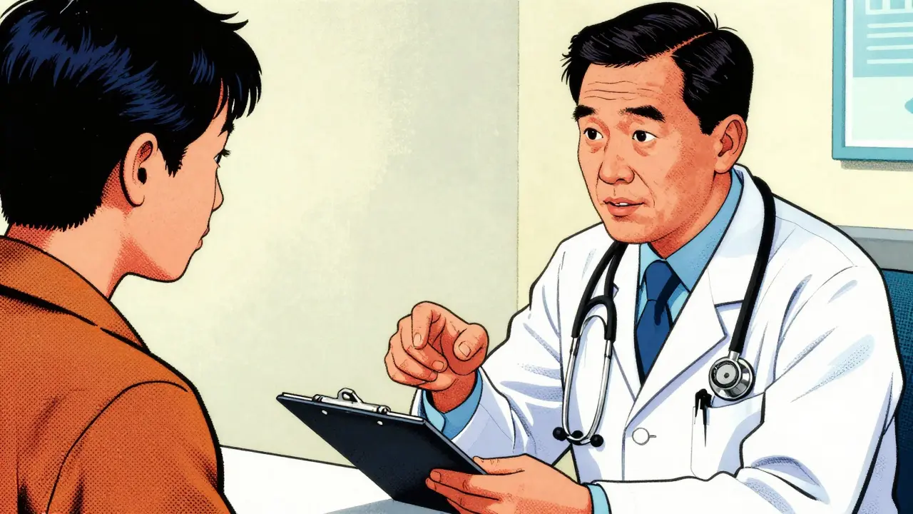 Doctor discussing medication options with a patient in a clinic