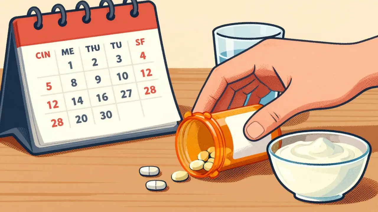 Hand placing antibiotic bottle next to food and water for daily dose