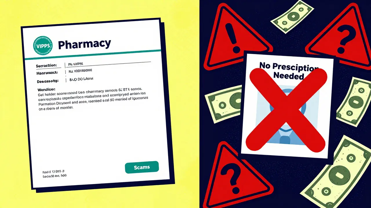 Illustration comparing safe online pharmacies with scam warning signs