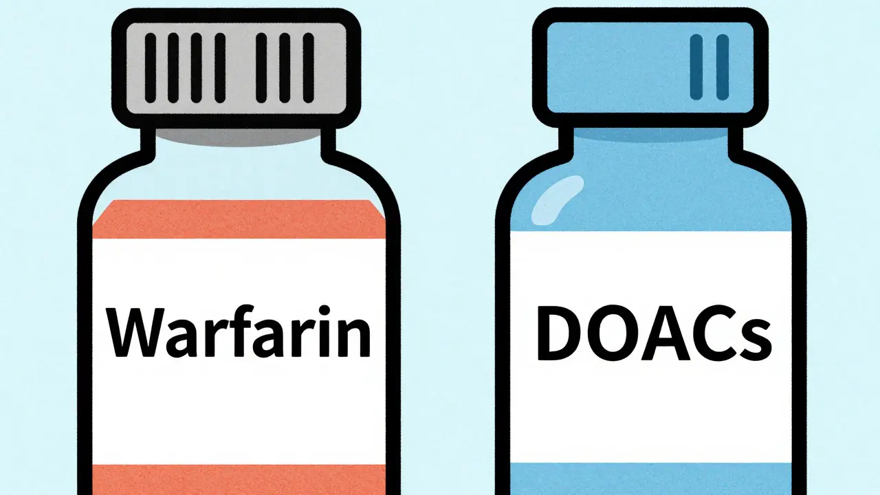 Illustration comparing Warfarin monitoring needs versus simpler DOAC management