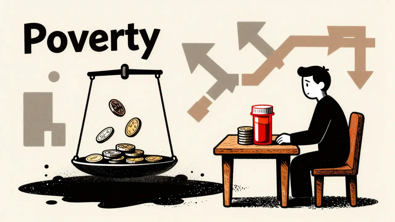 Illustration of a person weighing coins against a medicine bottle, symbolizing the poverty trap of healthcare costs.