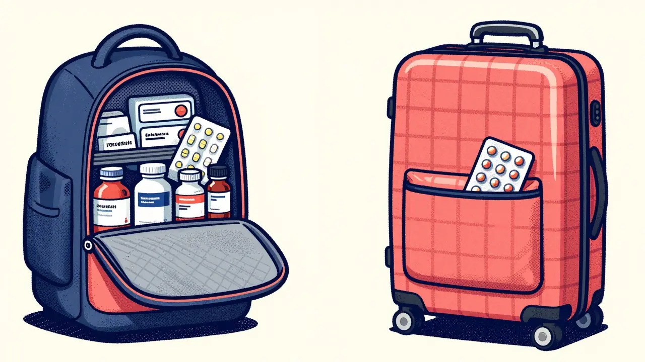 Medication split between carry-on bag and checked suitcase