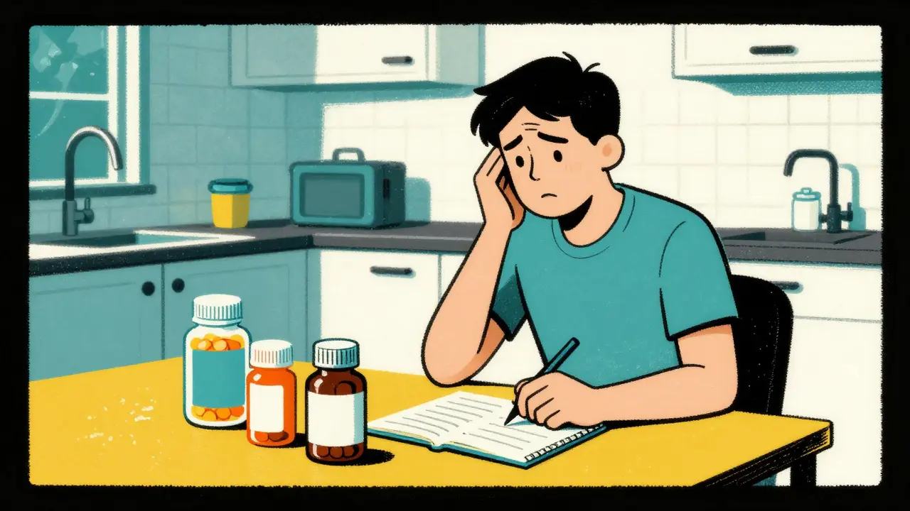 Patient reviewing different generic pill bottles and taking notes at table