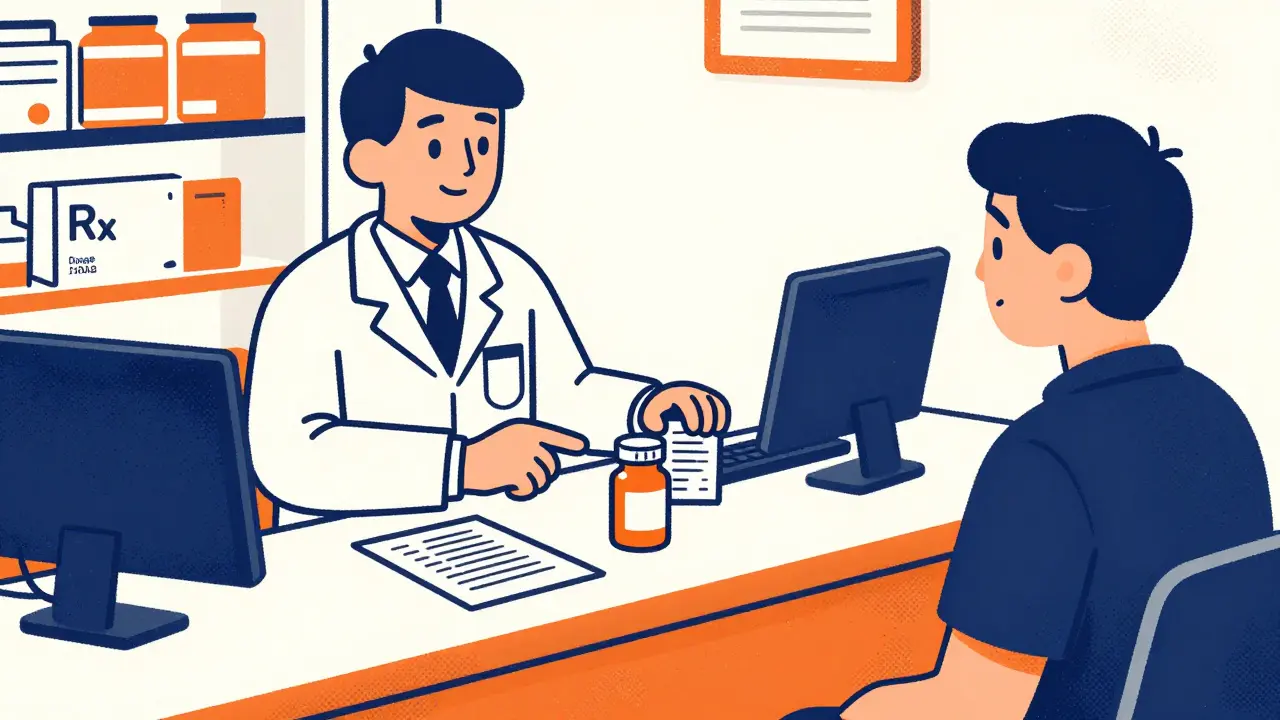 Pharmacist explaining prescription label details to patient