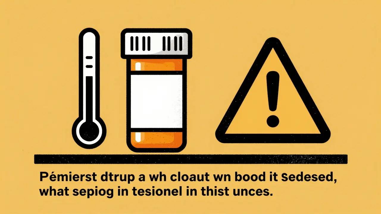 Prescription bottle with warning icons and storage instructions