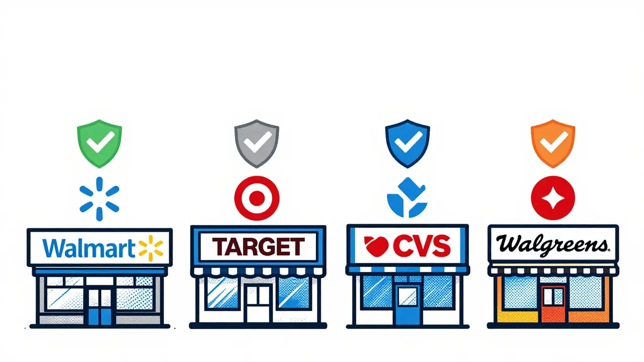 Stylized icons of safe pharmacy retailers with security shields