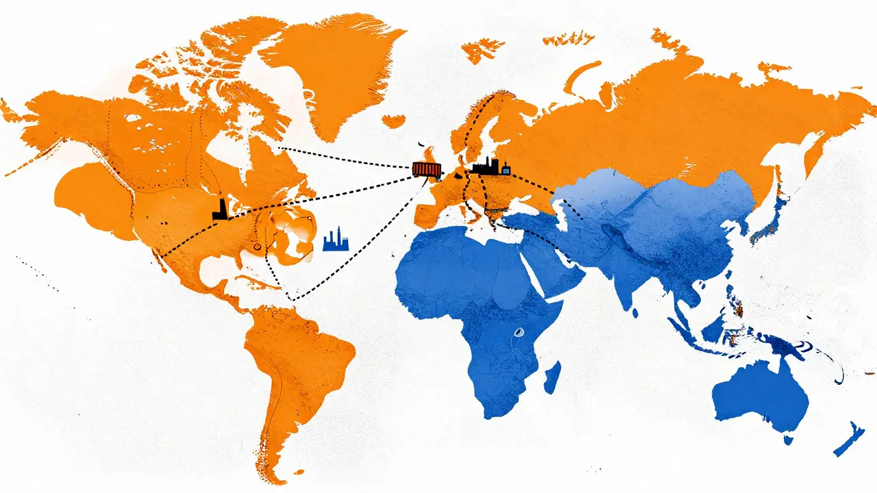 Stylized map showing fragile supply lines from Asia to the US snapping under pressure.