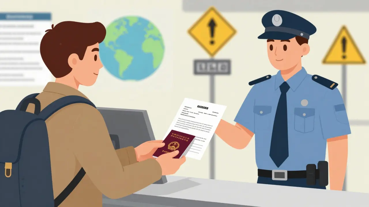 Traveler presenting doctor's letter and passport at border control