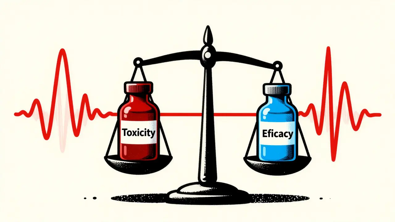 A screenprint-style image of a balance scale weighing toxicity and efficacy for narrow therapeutic index drugs.
