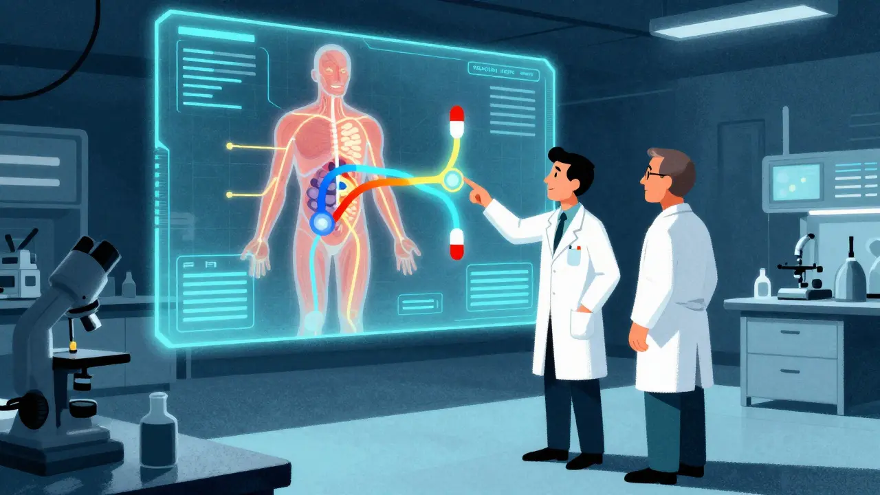An illustrated scene of scientists analyzing drug interactions using a holographic human body model in a lab.