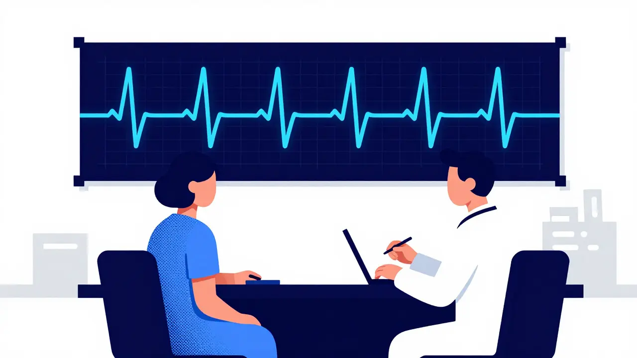 Doctor and patient reviewing a stylized ECG waveform