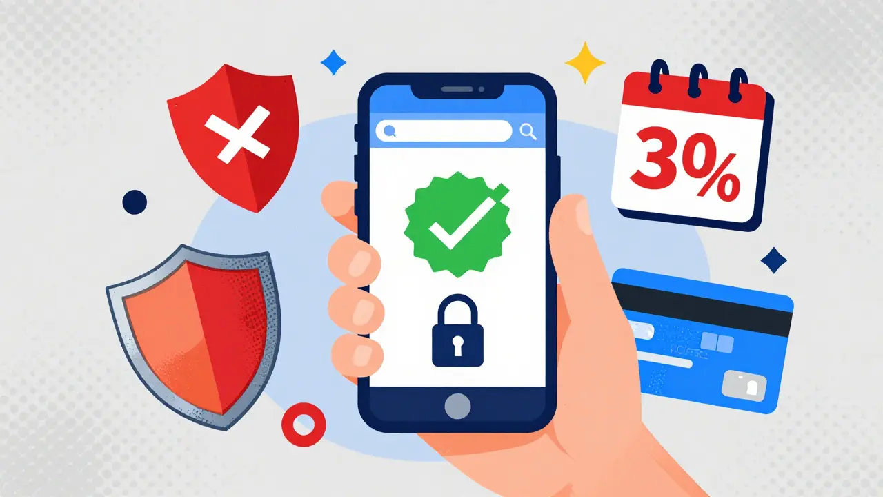 Graphic showing safe online pharmacy shopping with security seals and savings tips