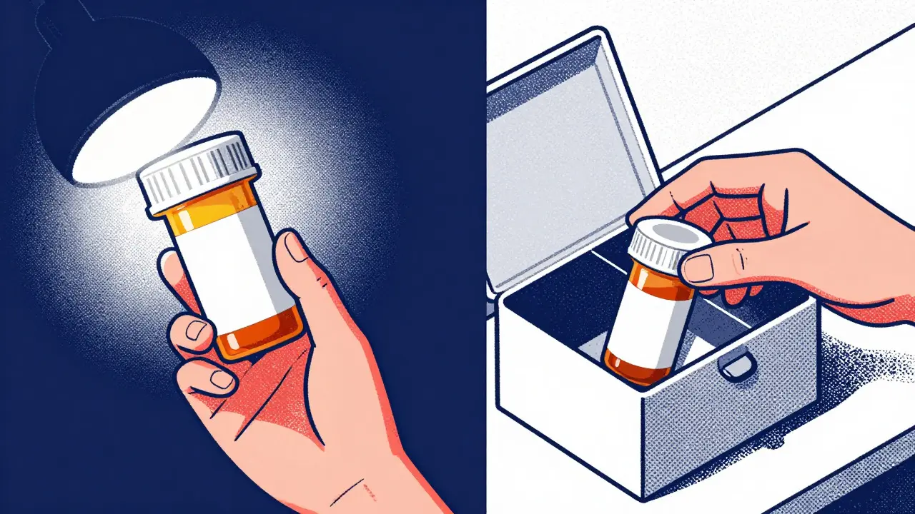 Hand inspecting prescription bottle and placing it in storage box