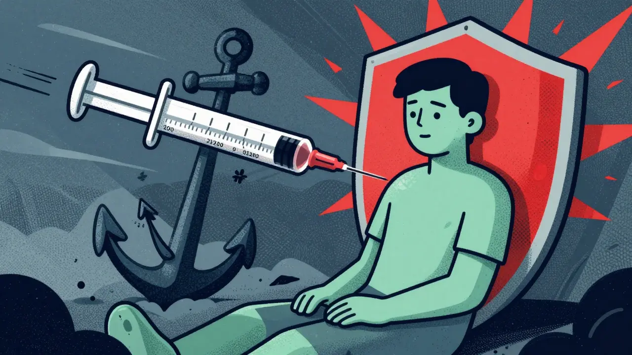 Injectable shield protecting patient from daily chaos in illustration