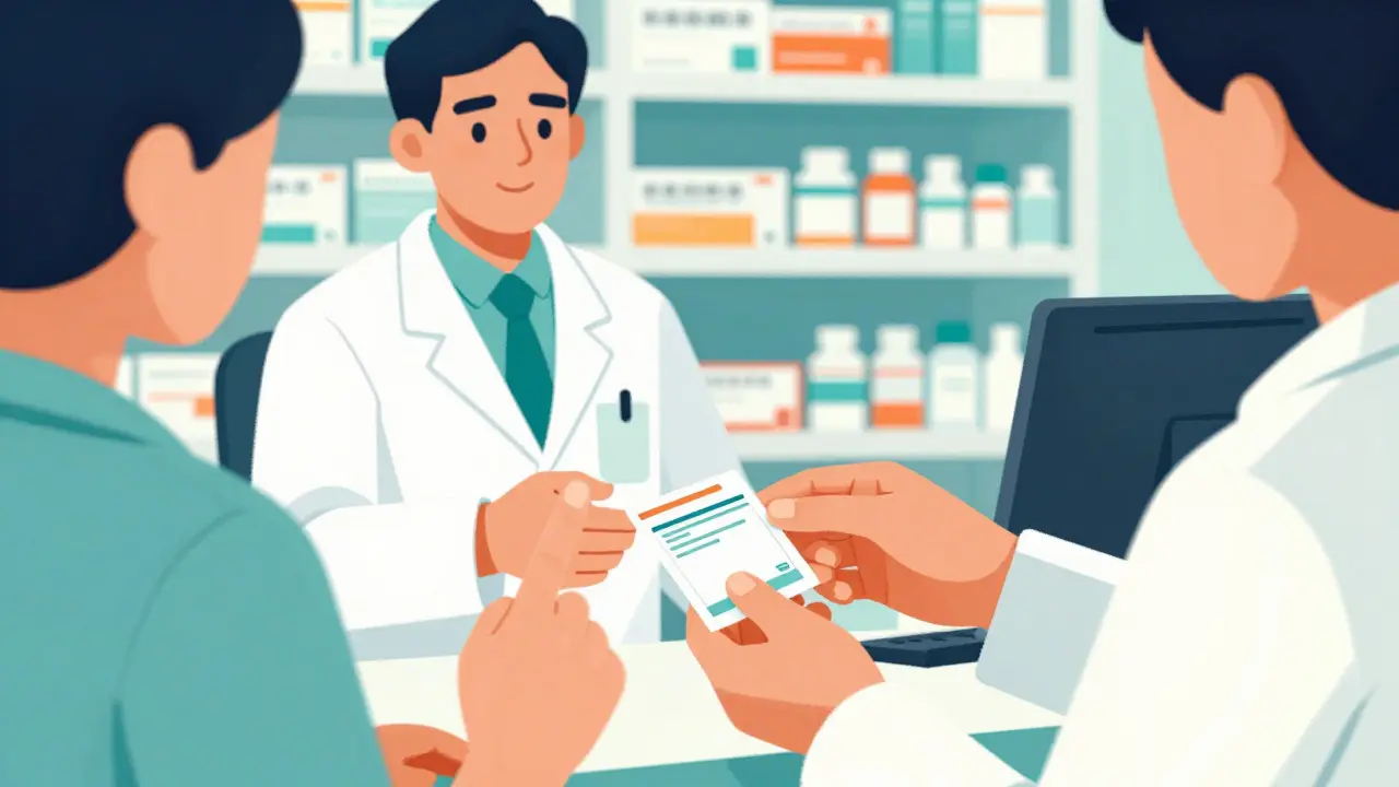 Patient asking pharmacist questions at the counter during pickup