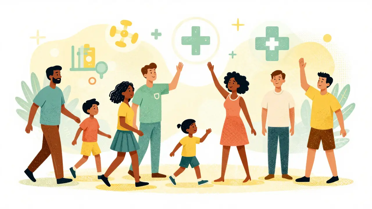 Patients enjoying active lives with new safe pain relief options in screenprint style