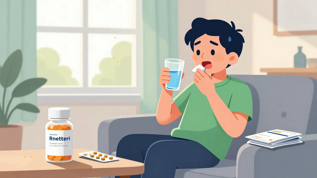 Person enjoying allergy relief at home with generic medication and mail delivery