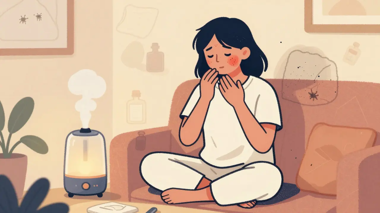 Person practicing mindfulness in a calm home environment to reduce eczema stress triggers
