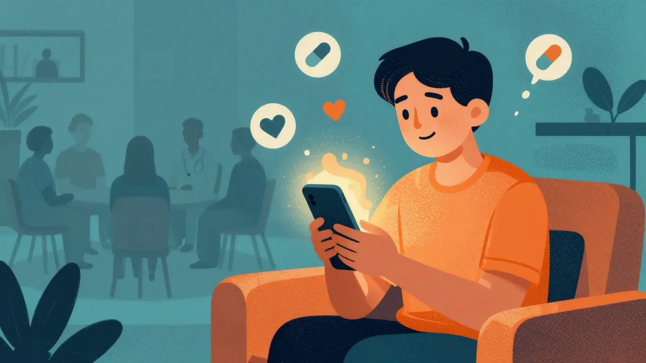 Person using telehealth for addiction treatment with warm lighting.