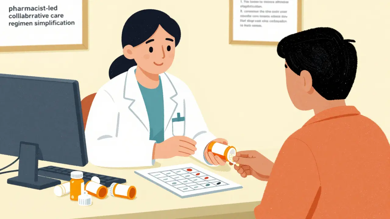 Pharmacist helping patient simplify medication regimen in cartoon style