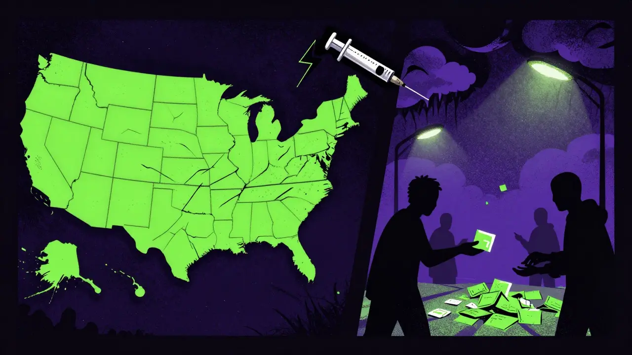 Symbolic art of fractured drug supply chains and rising overdose risks.